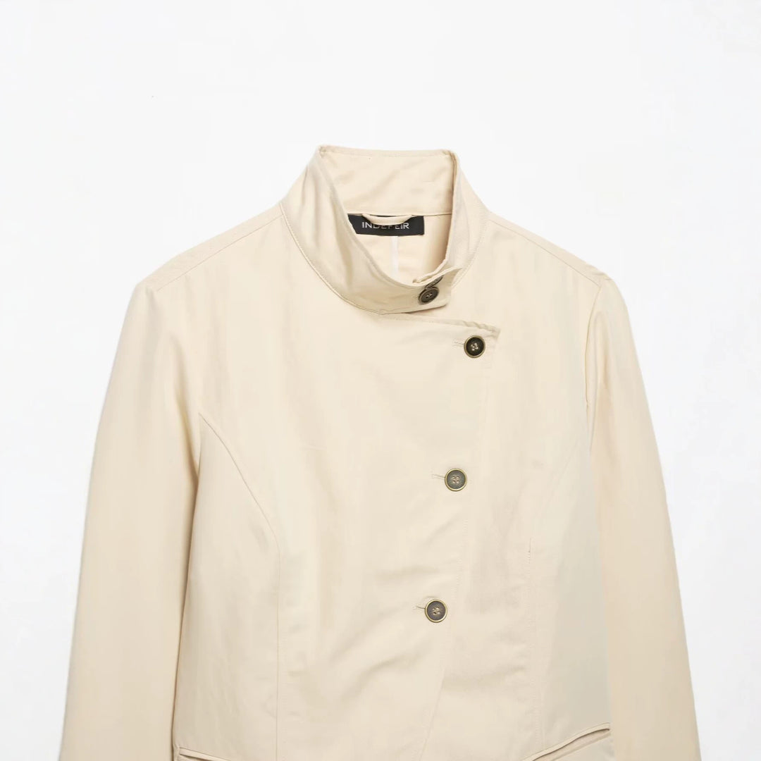 Damen Asymmetrische Cropped Übergangsjacke mit Stehkragen und taillierter Schnittführung Nord Taschen