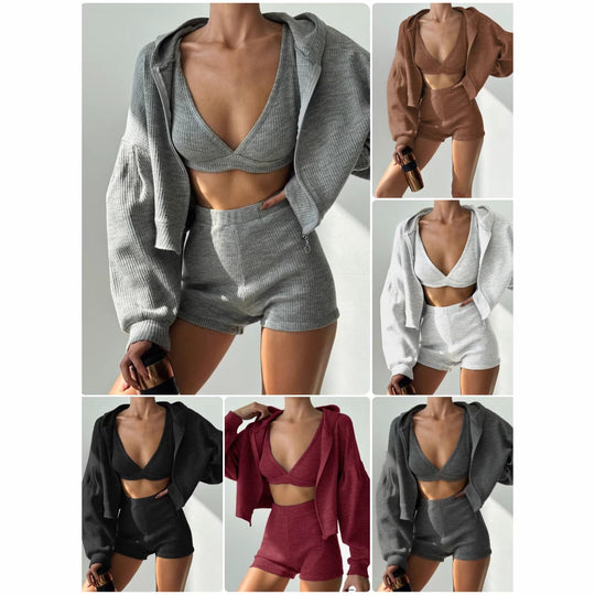 Damen Geripptes Lounge-Set mit Reißverschluss-Hoodie, Stretch-Bralette und High-Waist-Shorts Nord Taschen