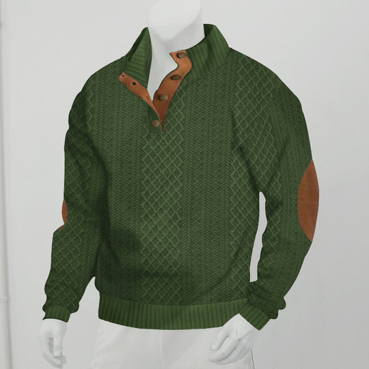 Herren Strukturierter Aran-Strickpullover mit halbem Knopfleistenkragen und Leder-Ellbogenpatches Nord Taschen
