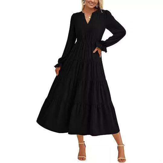 Damen Stufiges Midikleid mit V-Ausschnitt, geraffter Taillennaht und Rüschenmanschetten Nord Taschen