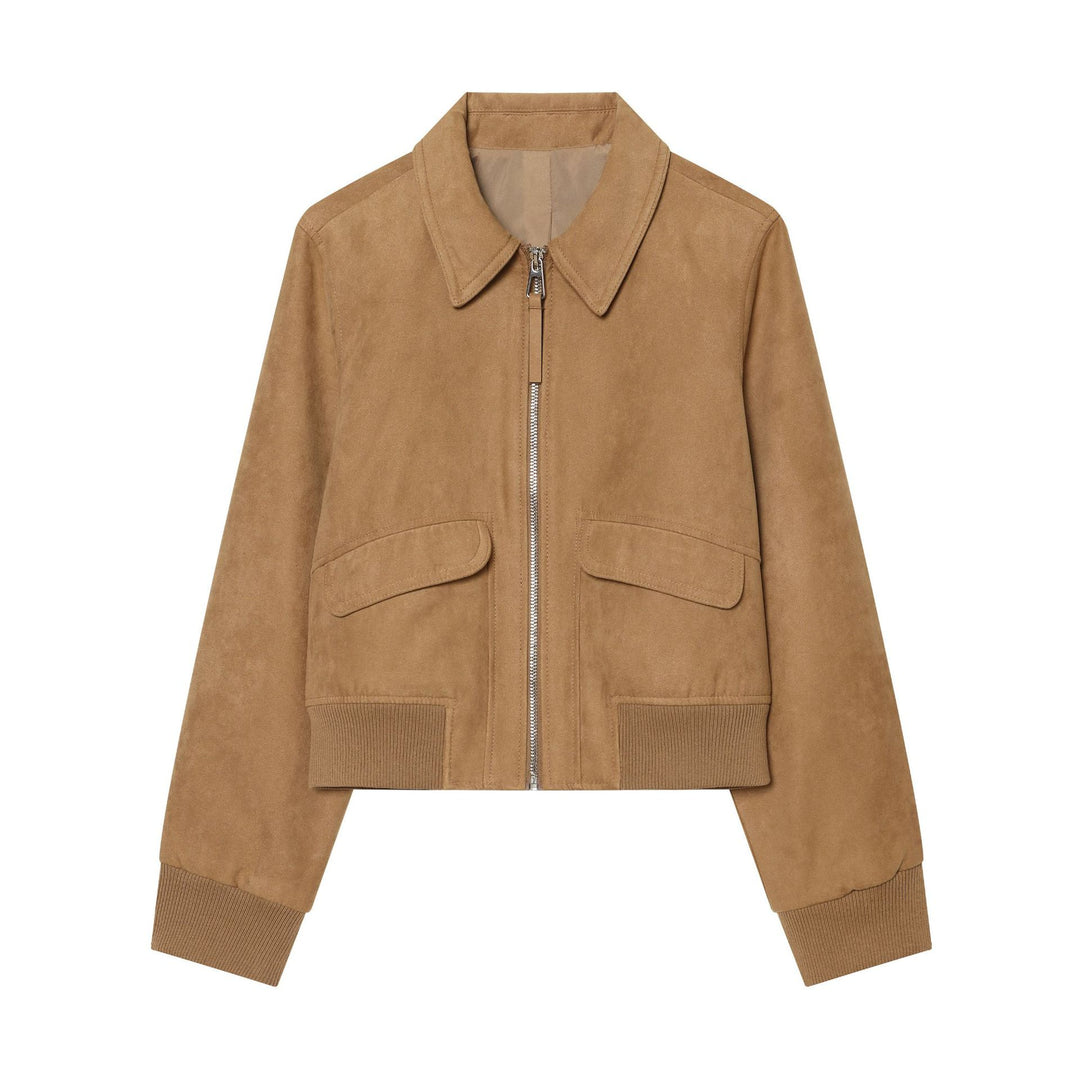 Damen Kurzer Veloursleder‑Bomber mit Reißverschluss, Pattentaschen und Rippsaum Nord Taschen