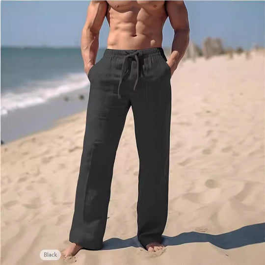 Herren gerade geschnittene Leinen-Loungehose mit Kordelzug, tiefen Eingrifftaschen und atmungsaktiver Struktur Nord Taschen