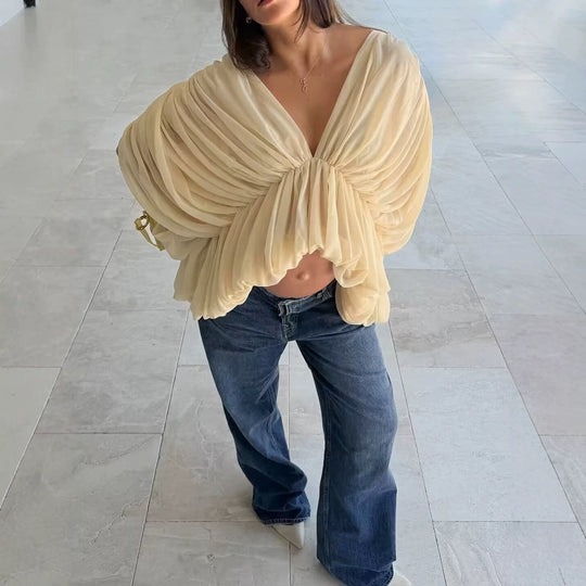 Damen Drapiertes Chiffon-Top mit V-Ausschnitt und voluminösen Fledermausärmeln Nord Taschen