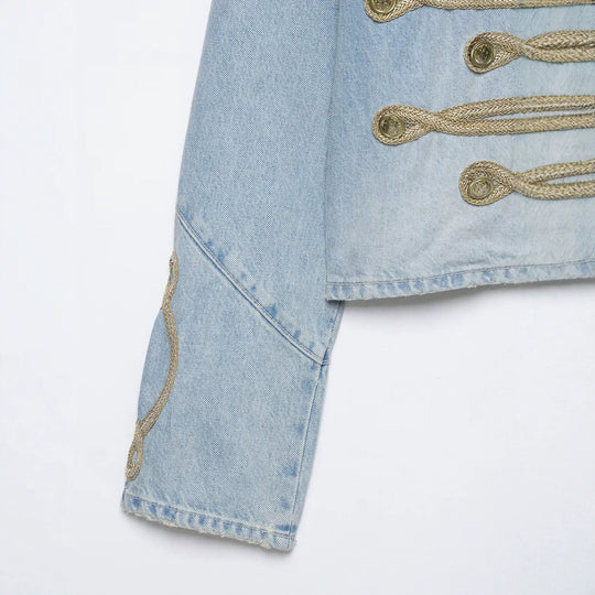 Damen Kurzer Denim-Militärblouson mit dekorativen Kordeln und Stehkragen Nord Taschen