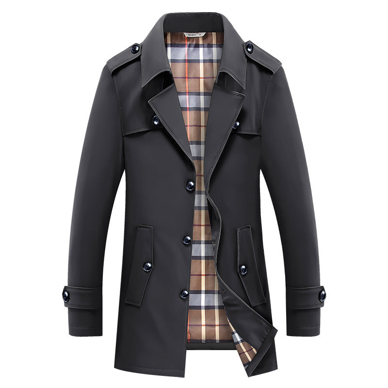 Herren Kurz-Trenchcoat im klassischen Stil mit karierter Innenfütterung, Schulterklappen und Pattentaschen Nord Taschen
