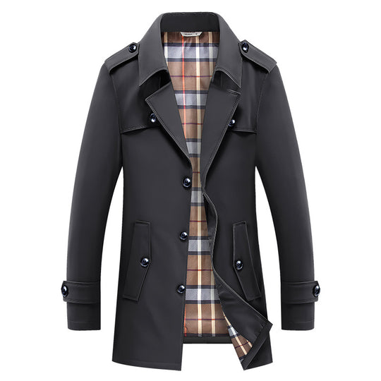Herren Kurz-Trenchcoat im klassischen Stil mit karierter Innenfütterung, Schulterklappen und Pattentaschen Nord Taschen