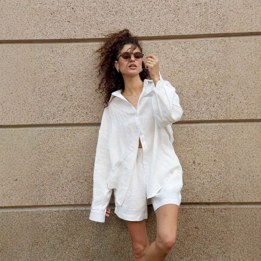 Damen lässiges Leinen Set mit lockerer Bluse und Shorts