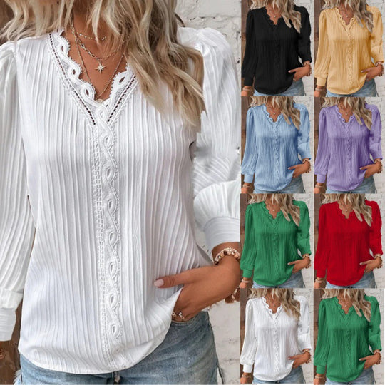 Damen Plissierte V‑Ausschnitt Bluse mit Spitzenbesatz und Ballonärmeln Nord Taschen