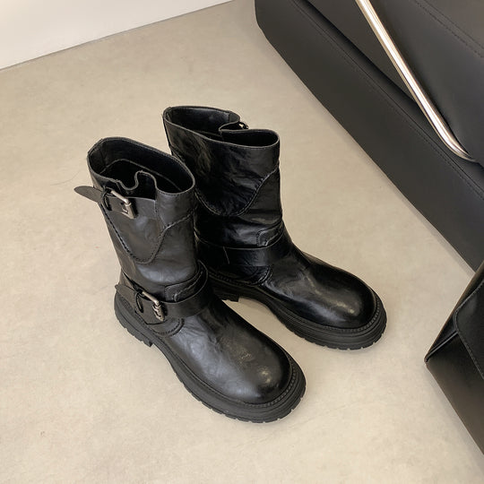 Damen Halbhohe Bikerstiefel aus Glattlederoptik mit verstellbaren Metallschnallen und profiliertem Lug‑Plateau Nord Taschen