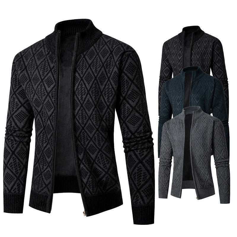 Herren Strickzipjacke mit Diamantjacquard, Stehkragen und Zweiwege-Reißverschluss Nord Taschen