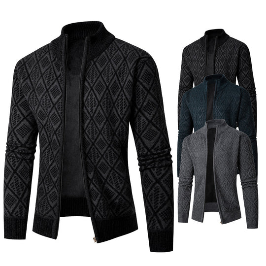 Herren Strickzipjacke mit Diamantjacquard, Stehkragen und Zweiwege-Reißverschluss Nord Taschen