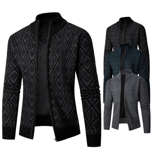 Herren Strickzipjacke mit Diamantjacquard, Stehkragen und Zweiwege-Reißverschluss Nord Taschen