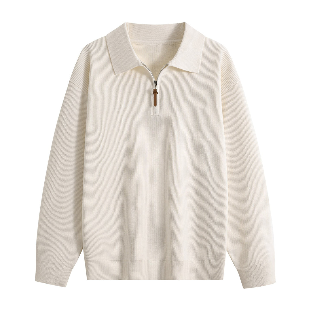 Damen Oversize Rippstrick-Pullover mit Polokragen & Kurz‑Zip Nord Taschen