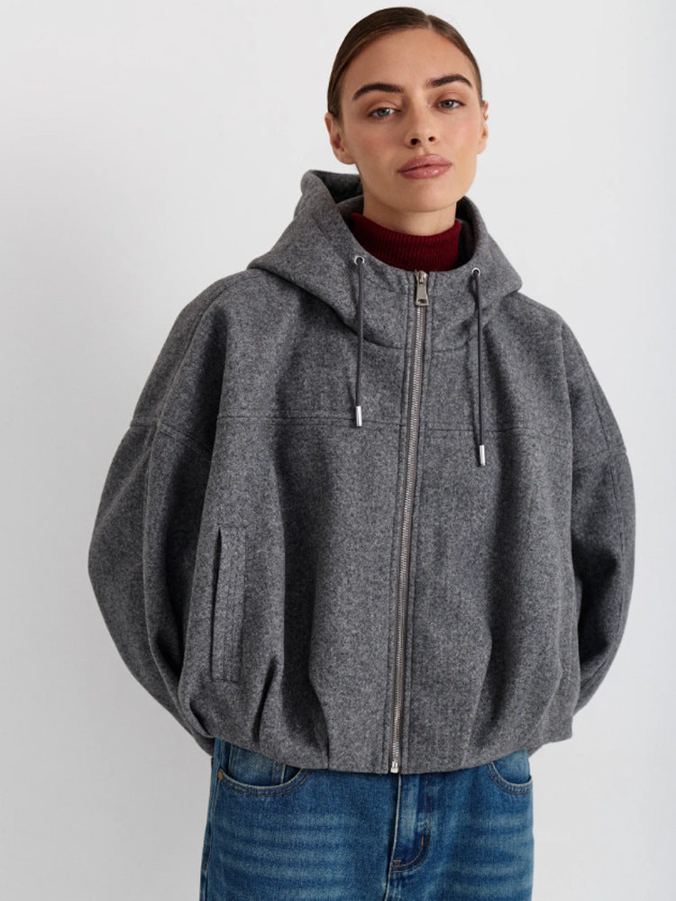 Damen Kurzjacke aus Wollmix mit Kapuze, kastiger Boxy‑Silhouette & gerafftem Saum Nord Taschen