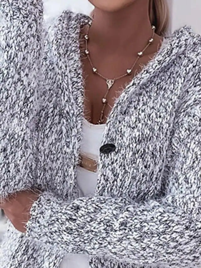 Damen Langer Mélange-Kuschelcardigan mit Kapuze, Hornknopf und Eingrifftaschen Nord Taschen