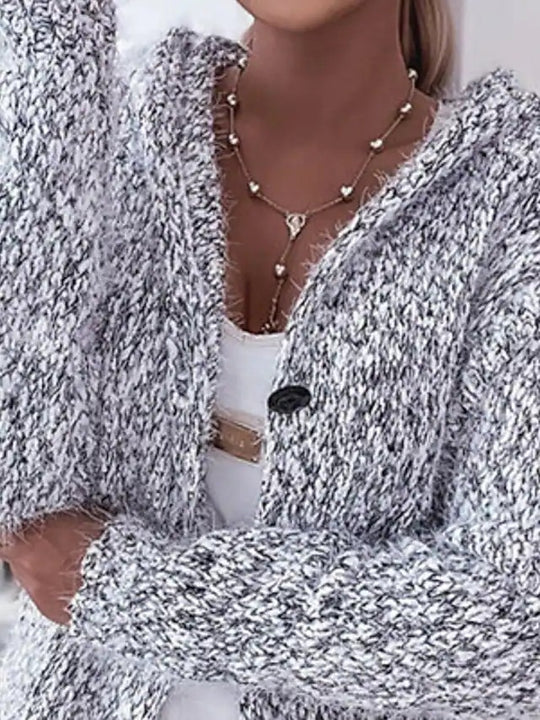 Damen Langer Mélange-Kuschelcardigan mit Kapuze, Hornknopf und Eingrifftaschen Nord Taschen