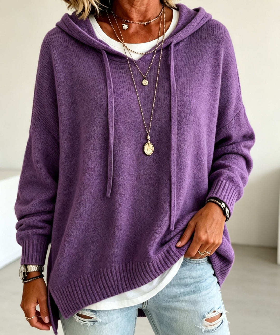 Damen Oversize-Kapuzensweater aus feinem Strick mit gerippten Bündchen Nord Taschen