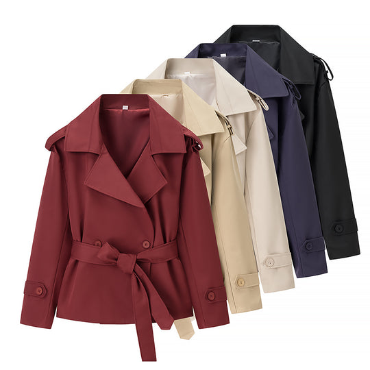 Damen Kurzgeschnittener taillierter Trenchcoat mit Bindegürtel und Schulterklappen Nord Taschen