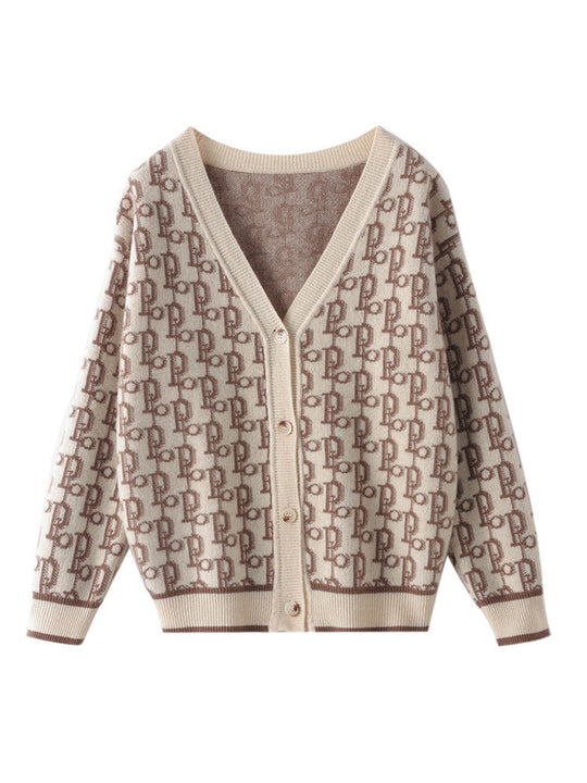 Damen Gemusterter Jacquard-Strickcardigan mit V-Ausschnitt und Perlmuttknöpfen Nord Taschen