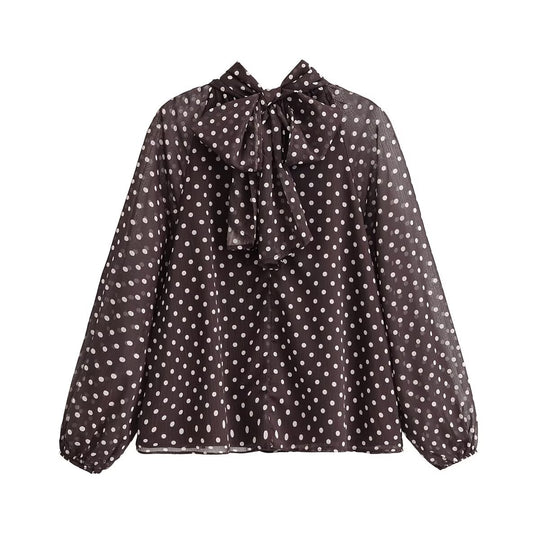 Damen Transparente gepunktete Chiffonbluse mit Schleifenkragen und Ballonärmeln Nord Taschen