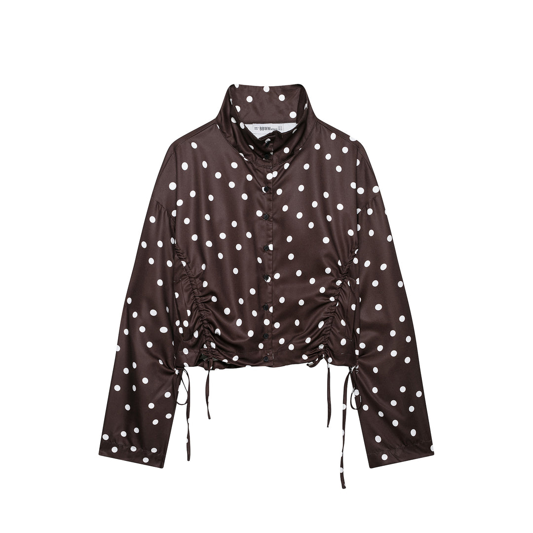 Damen Gepunktete Cropped Blousonjacke mit Stehkragen und Tunnelzug Nord Taschen