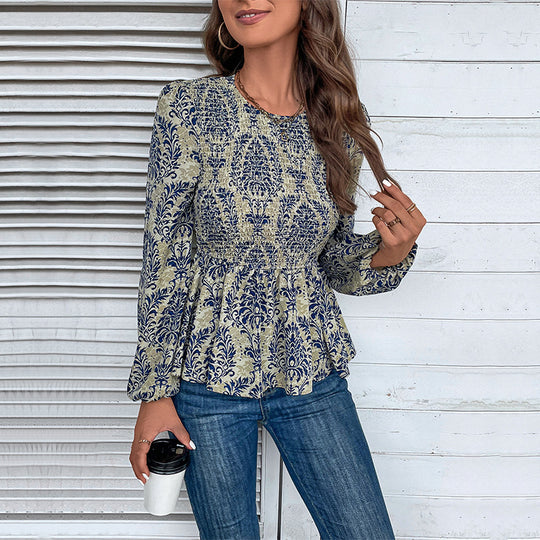 Damen Smock-Bluse mit Raffung, Ballonärmeln und Ornament-Print Nord Taschen