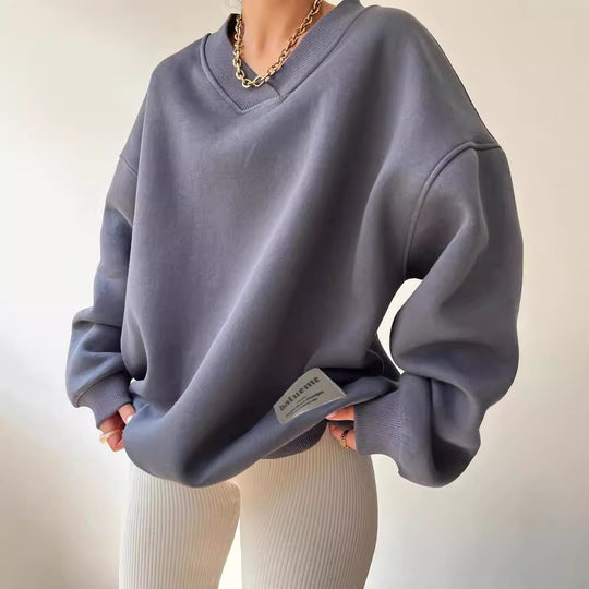 Damen Oversized Sweatshirt mit V-Ausschnitt und geripptem Kragen Nord Taschen