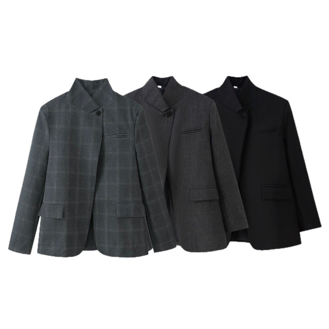 Damen Oversized-Blazer im Boxy-Schnitt mit asymmetrischem Stehkragen und verdeckter Knopfleiste Nord Taschen