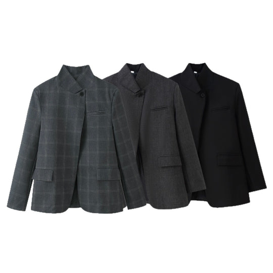 Damen Oversized-Blazer im Boxy-Schnitt mit asymmetrischem Stehkragen und verdeckter Knopfleiste Nord Taschen