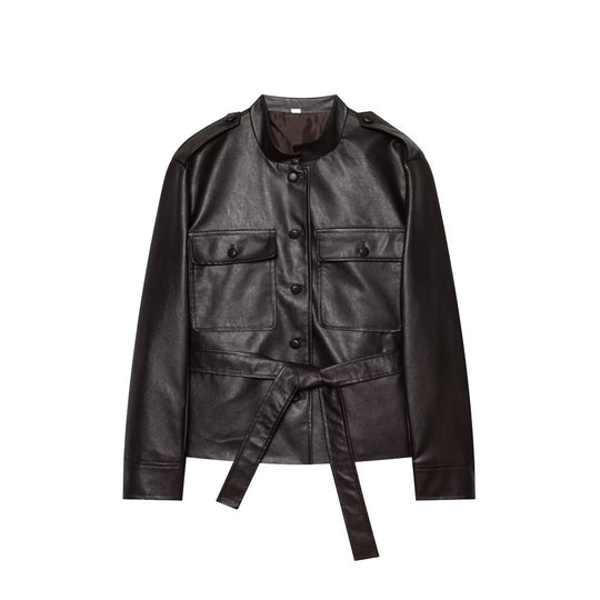 Damen Taillierter Kunstleder‑Blousonjacke mit Bindegürtel, Pattentaschen und Stehkragen Nord Taschen