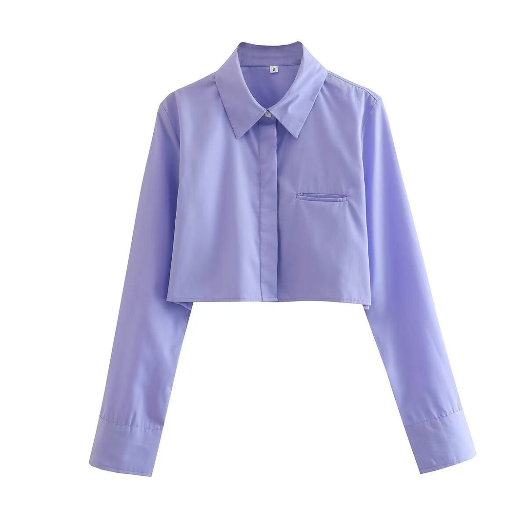 Damen cropped Bluse mit klassischem Kragen und praktischen Brusttaschen Nord Taschen