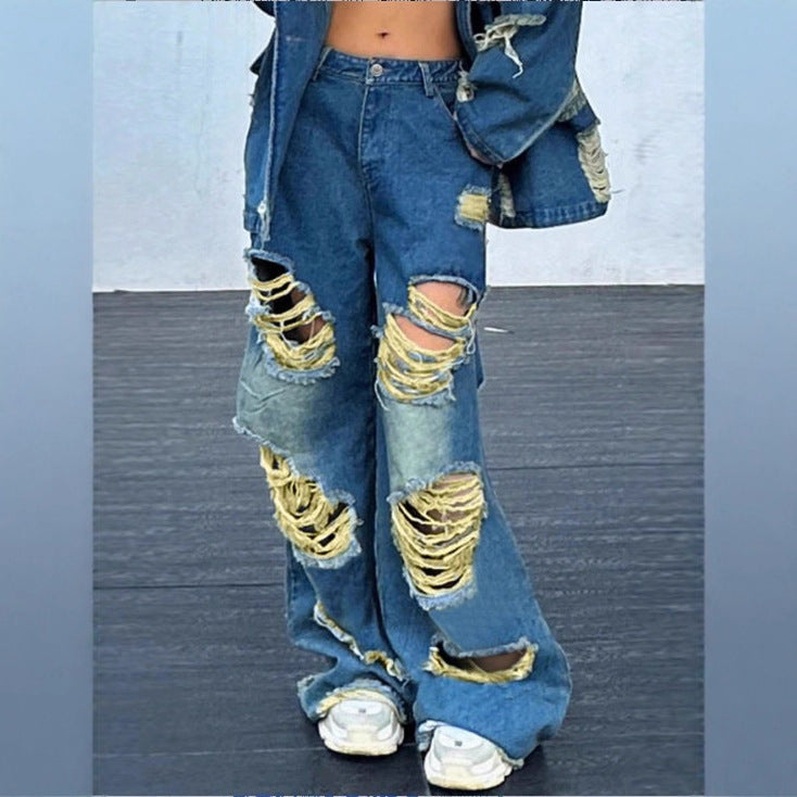 Damen weite Destroyed-Denim-Jeans mit Neonfransen-Applikation Nord Taschen