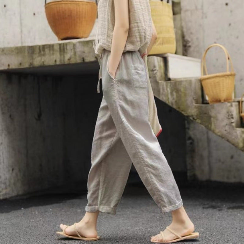 Damen lässige Leinenhose mit elastischem Bund und seitlichen Taschen Nord Taschen