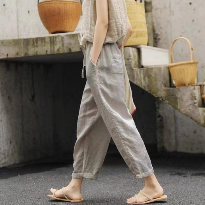 Damen lässige Leinenhose mit elastischem Bund und seitlichen Taschen Nord Taschen