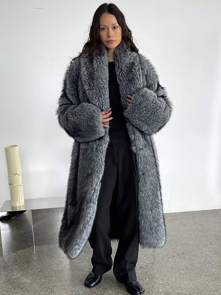 Damen Oversize langer Kunstpelz-Mantel mit voluminösen Ärmeln Nord Taschen
