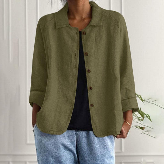 Damen Oversized Leinen-Hemdjacke mit Hemdkragen, 3/4-Ärmeln und durchgehender Knopfleiste Nord Taschen