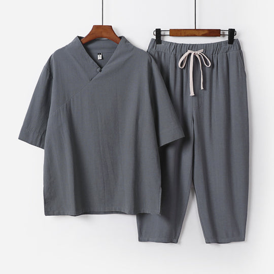 Herren Atmungsaktives Leinen-Baumwoll Lounge-Set mit asymmetrischem V-Kragen und elastischer Kordelhose Nord Taschen