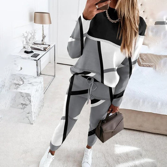 Damen Gemustertes Lounge-Set aus Feinstrick mit Kordelzug, Raglanärmeln und tapered Hose Nord Taschen