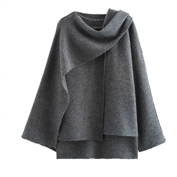 Damen 900+ drapierter Oversize Poncho‑Pullover mit Wasserfallkragen und Zierknopf Nord Taschen
