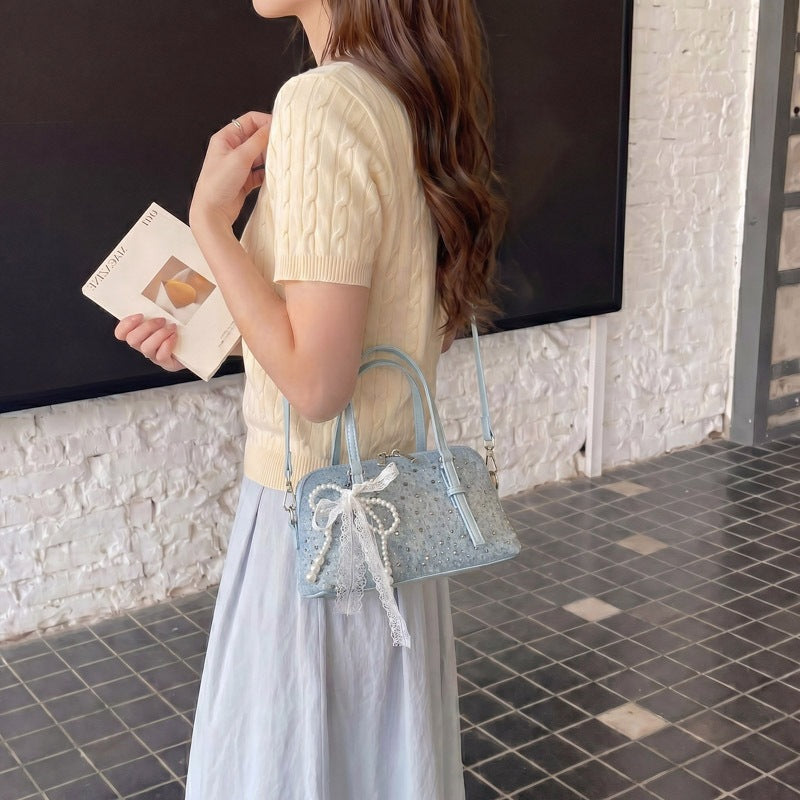 Damen Denim Handtasche mit Perlen- und Spitzenakzenten Nord Taschen