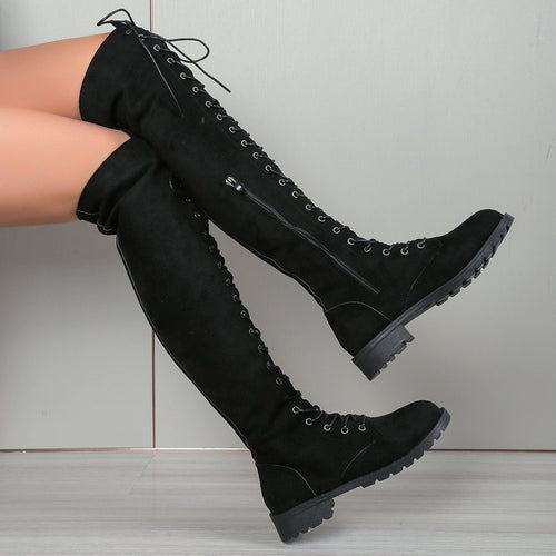 Damen  Overknee-Schnürstiefel mit seitlichem Reißverschluss, dekorativer Schnürung und profiliertem Gummisohle Nord Taschen