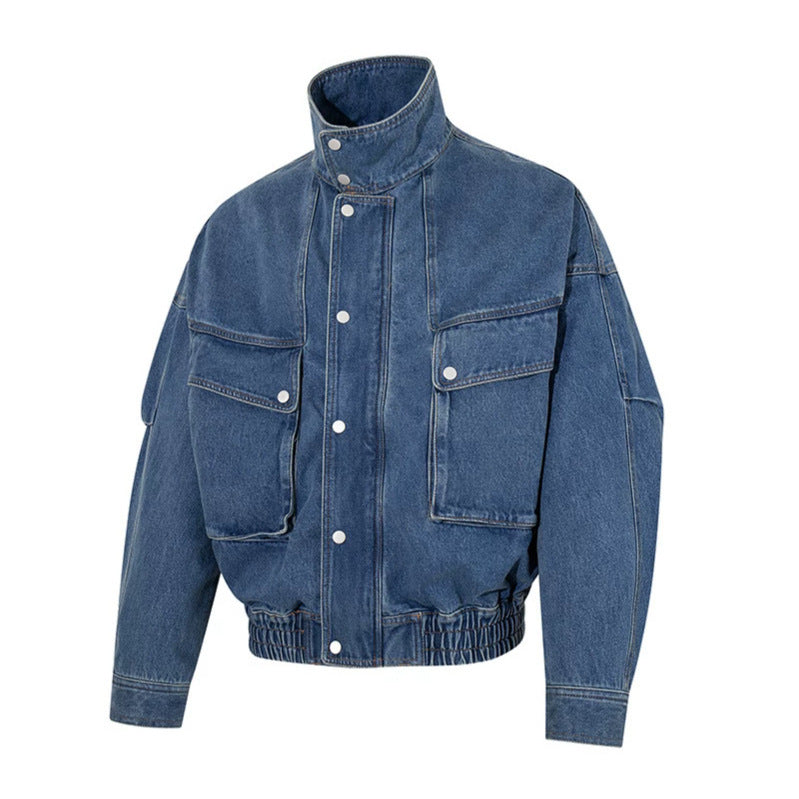 Damen Oversize-Jeansjacke mit Stehkragen, Druckknopfleiste und aufgesetzten Cargo-Taschen Nord Taschen