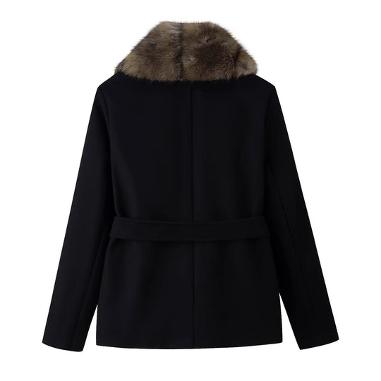 Damen Kurzer Wollmix-Mantel mit abnehmbarem Faux-Fur-Schalkragen und Taillengürtel Nord Taschen