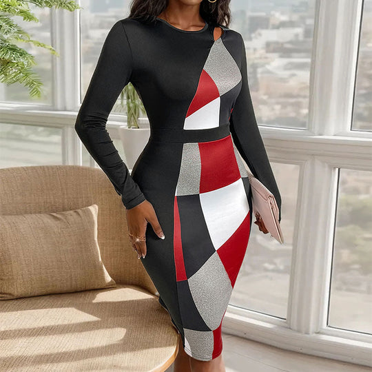 Damen Figurbetontes Midikleid mit grafischem Colorblock-Muster, Cut-Out-Schulter und taillierter Silhouette Nord Taschen