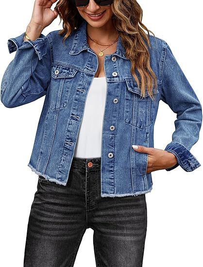 Damen Kurz geschnittene Jeansjacke mit Fransen-Saum und aufgesetzten Brusttaschen Nord Taschen