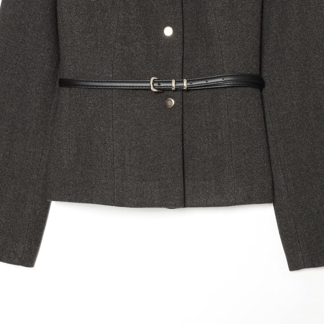 Damen Kurzjacke aus Wollmix mit Rundhalsausschnitt, Druckknopfverschluss und schmalem Taillengürtel Nord Taschen