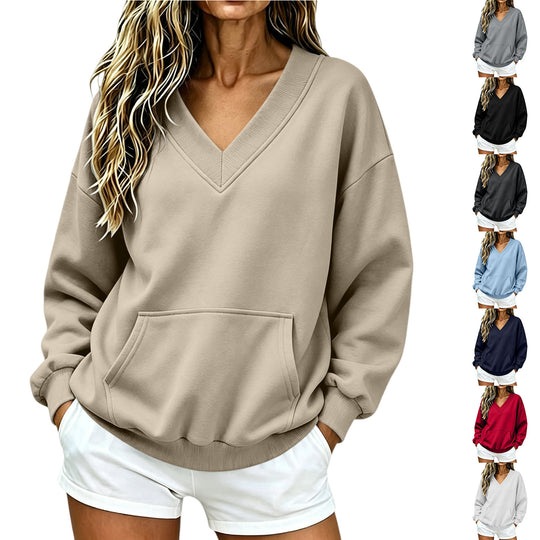 Damen Oversize V-Ausschnitt Sweatshirt mit Kängurutasche und geripptem Saum Nord Taschen