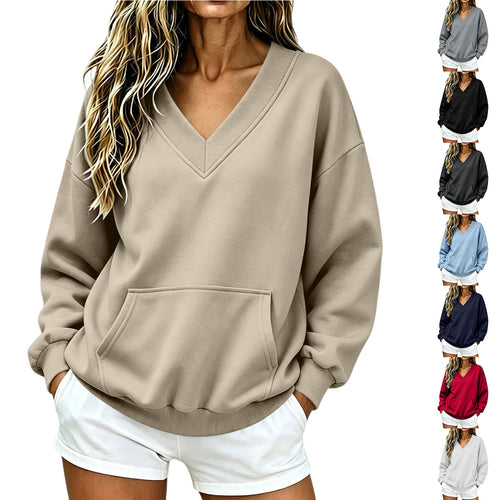 Damen Oversize V-Ausschnitt Sweatshirt mit Kängurutasche und geripptem Saum Nord Taschen