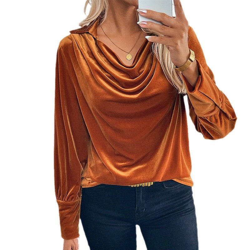 Damen Samtbluse mit Wasserfalldrapierung, Hemdkragen und Ballonärmeln Nord Taschen