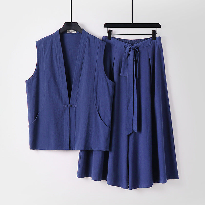 Damen Ärmelloses Kimono-Loungewear-Set aus leichtem Viskose-Leinen mit Bindeweste und weiten Palazzo-Hose Nord Taschen